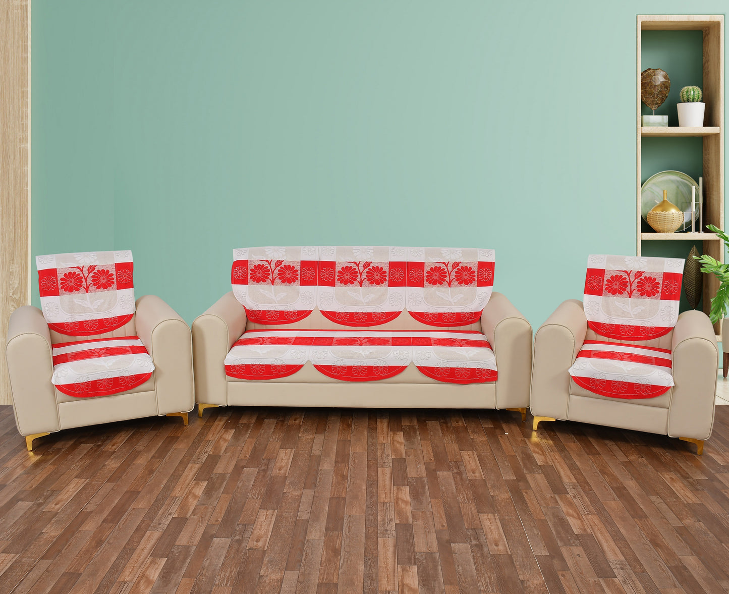 Bigger Fish Poly Cotton Net Fabric 5 Seater Sofa Cover - 10 Pieces (Red)