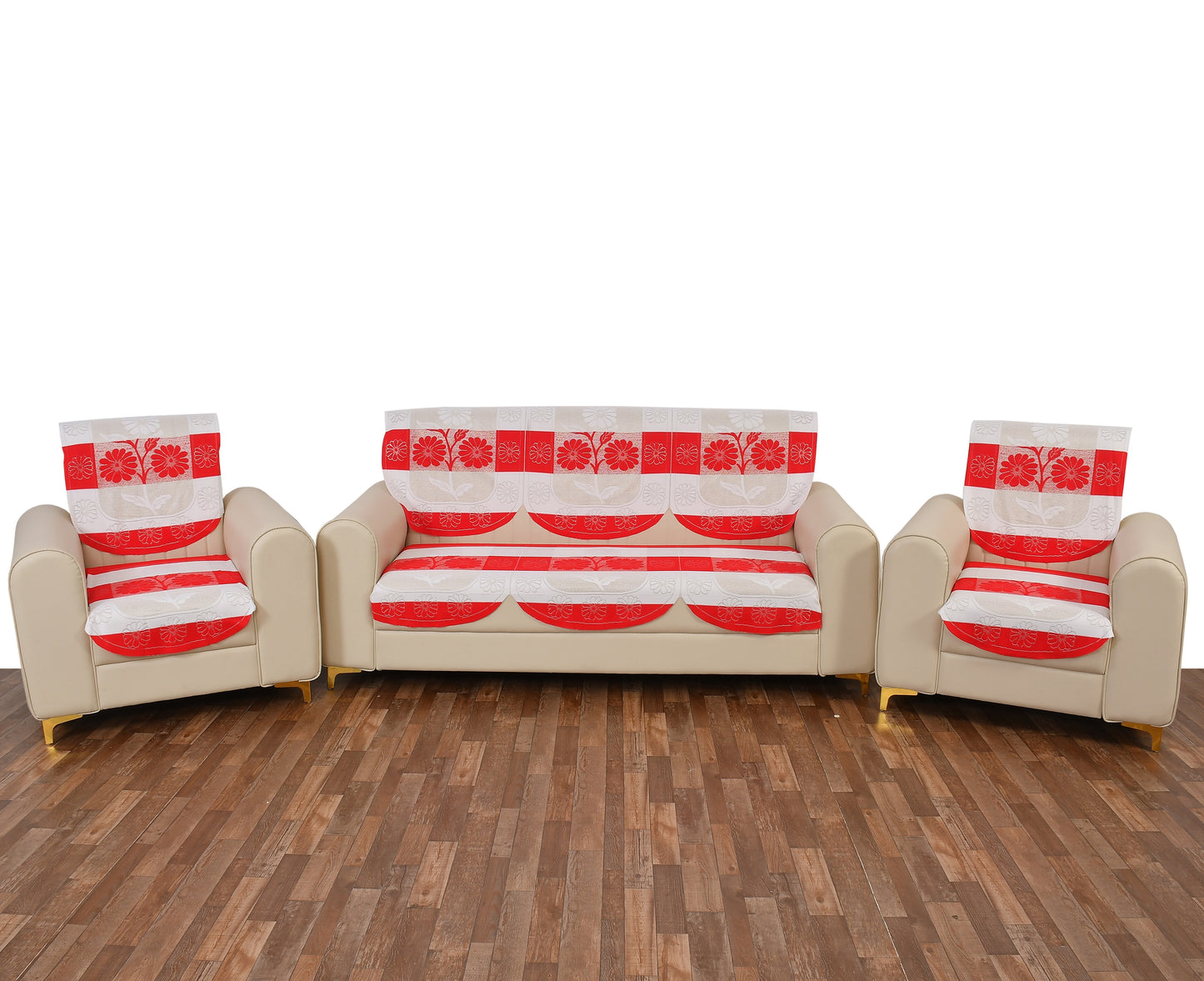 Bigger Fish Poly Cotton Net Fabric 5 Seater Sofa Cover - 10 Pieces (Red)