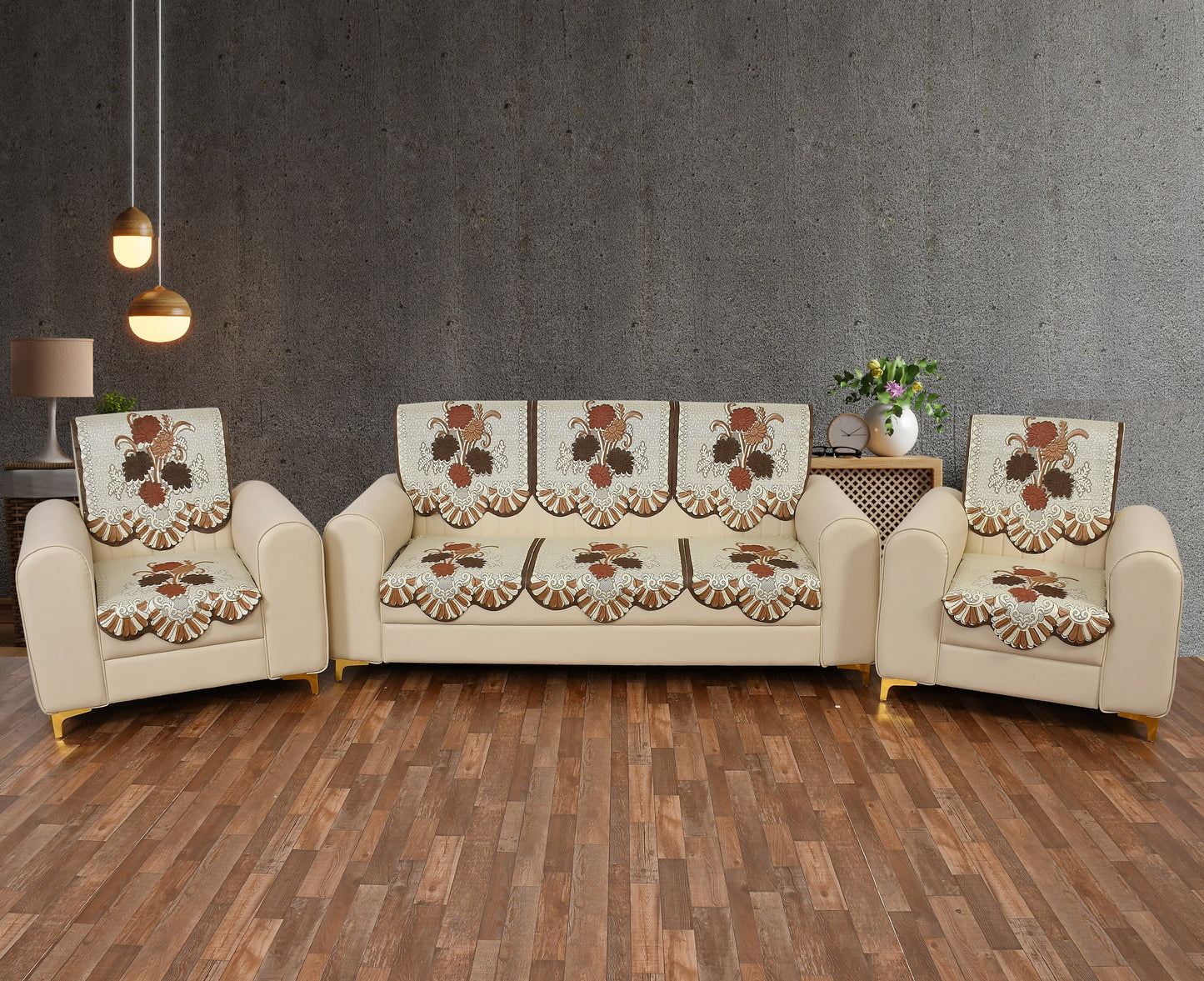 Bigger Fish Poly Cotton Net Fabric 5 Seater Sofa Cover - 10 Pieces (Coffee)