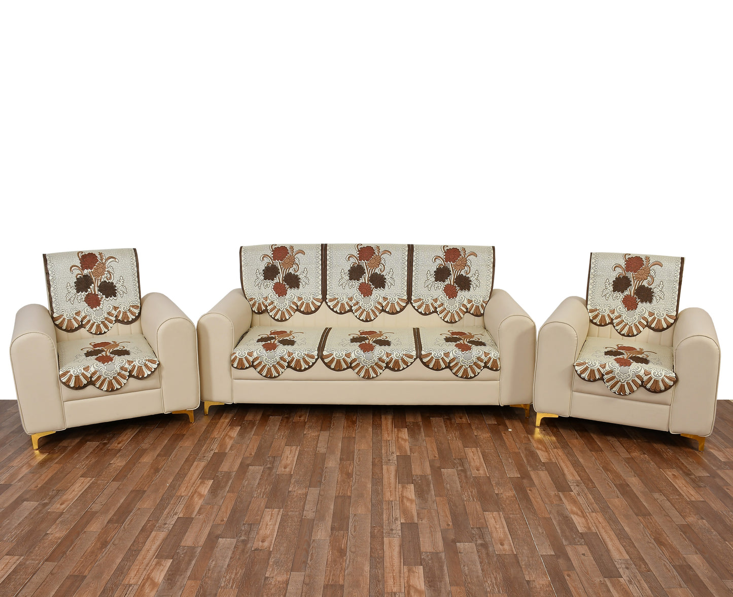 Bigger Fish Poly Cotton Net Fabric 5 Seater Sofa Cover - 10 Pieces (Coffee)