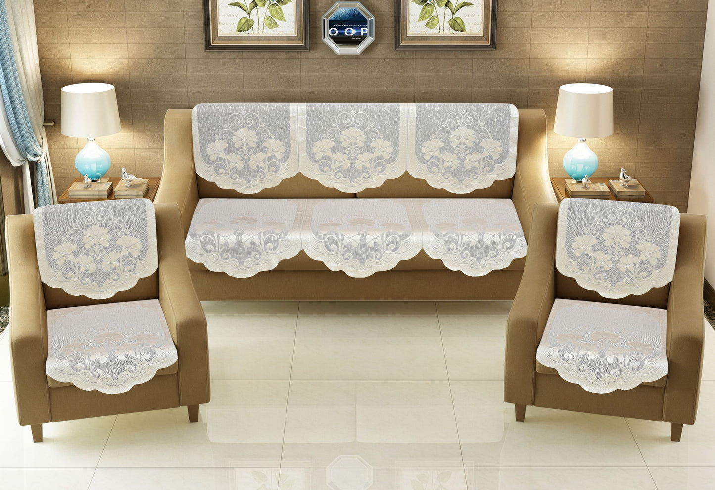 Bigger Fish Poly Cotton Net Fabric 5 Seater Sofa Cover - 10 Pieces (Cream)