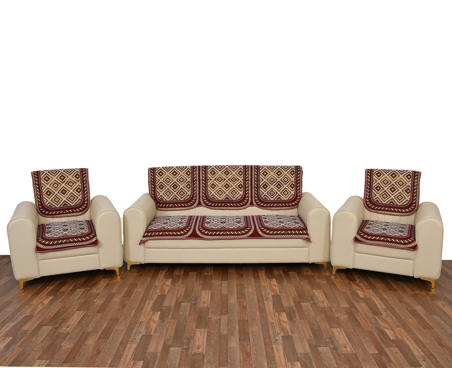 Bigger Fish Poly Cotton Net Fabric 5 Seater Sofa Cover - 10 Pieces (Maroon)