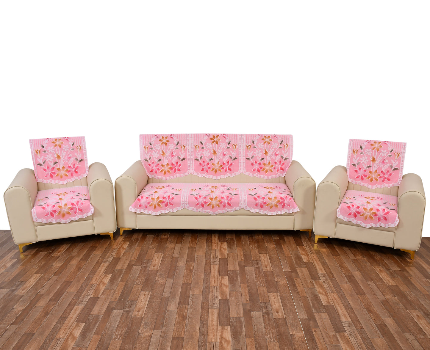 Bigger Fish Poly Cotton Net Fabric 5 Seater Sofa Cover - 10 Pieces (Pink)
