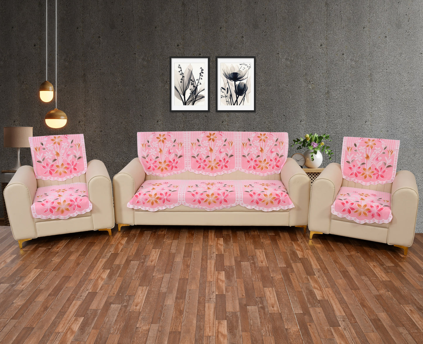 Bigger Fish Poly Cotton Net Fabric 5 Seater Sofa Cover - 10 Pieces (Pink)
