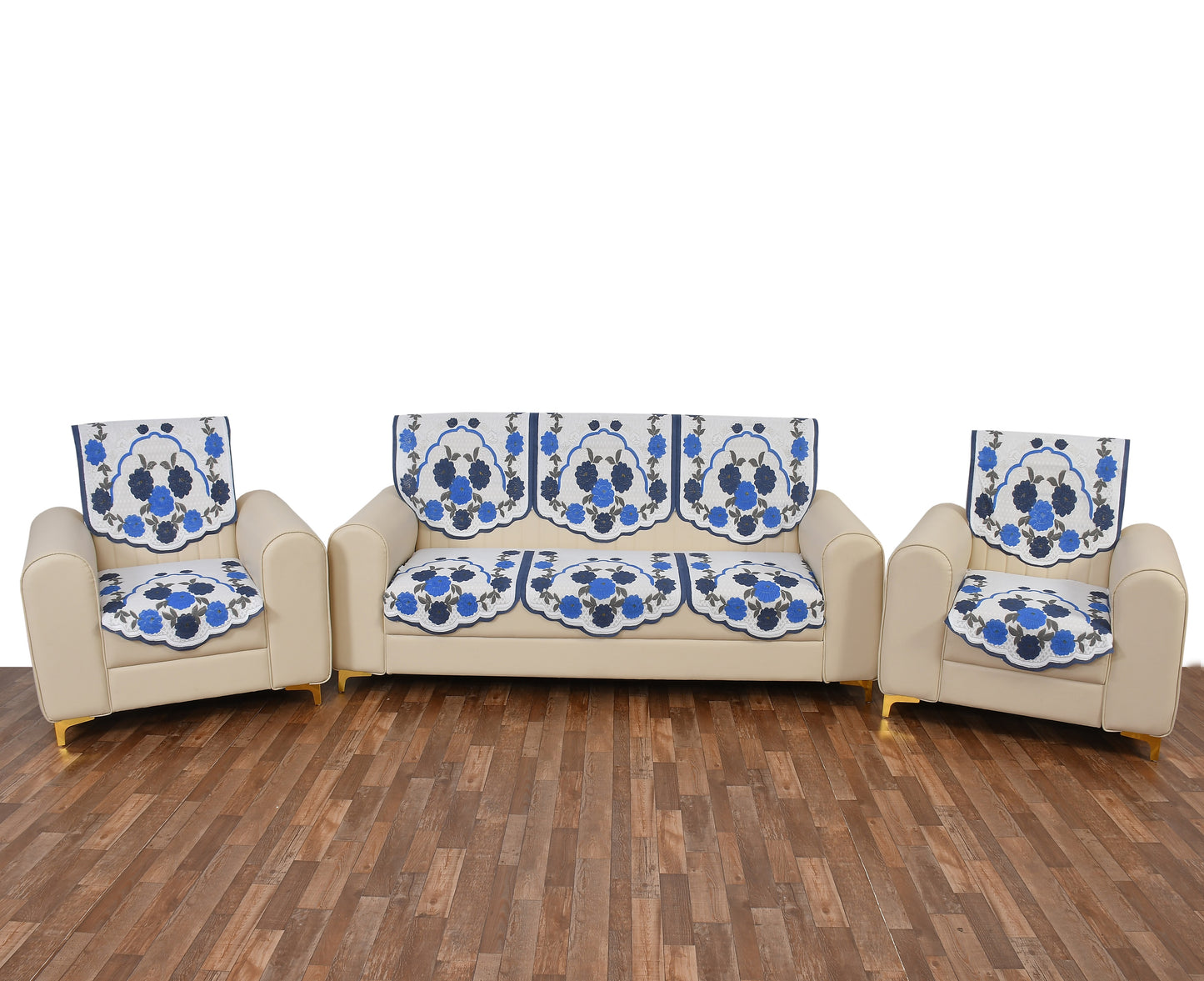Bigger Fish Poly Cotton Net Fabric 5 Seater Sofa Cover - 10 Pieces (Blue)