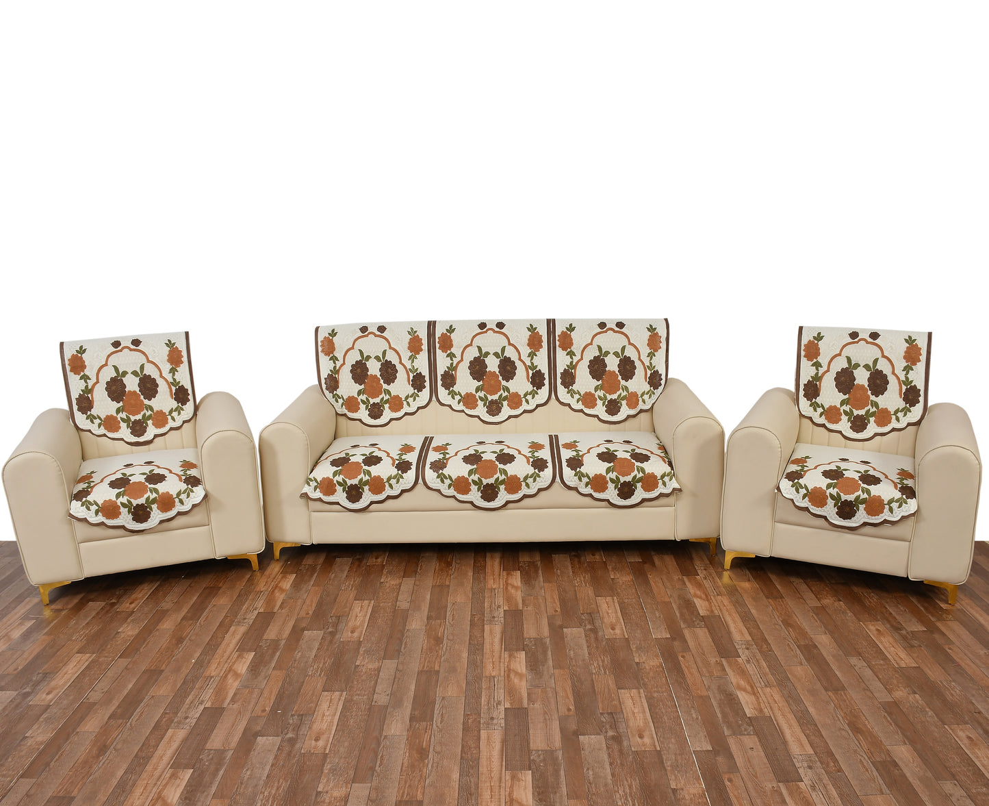 Bigger Fish Poly Cotton Net Fabric 5 Seater Sofa Cover - 10 Pieces (Brown)