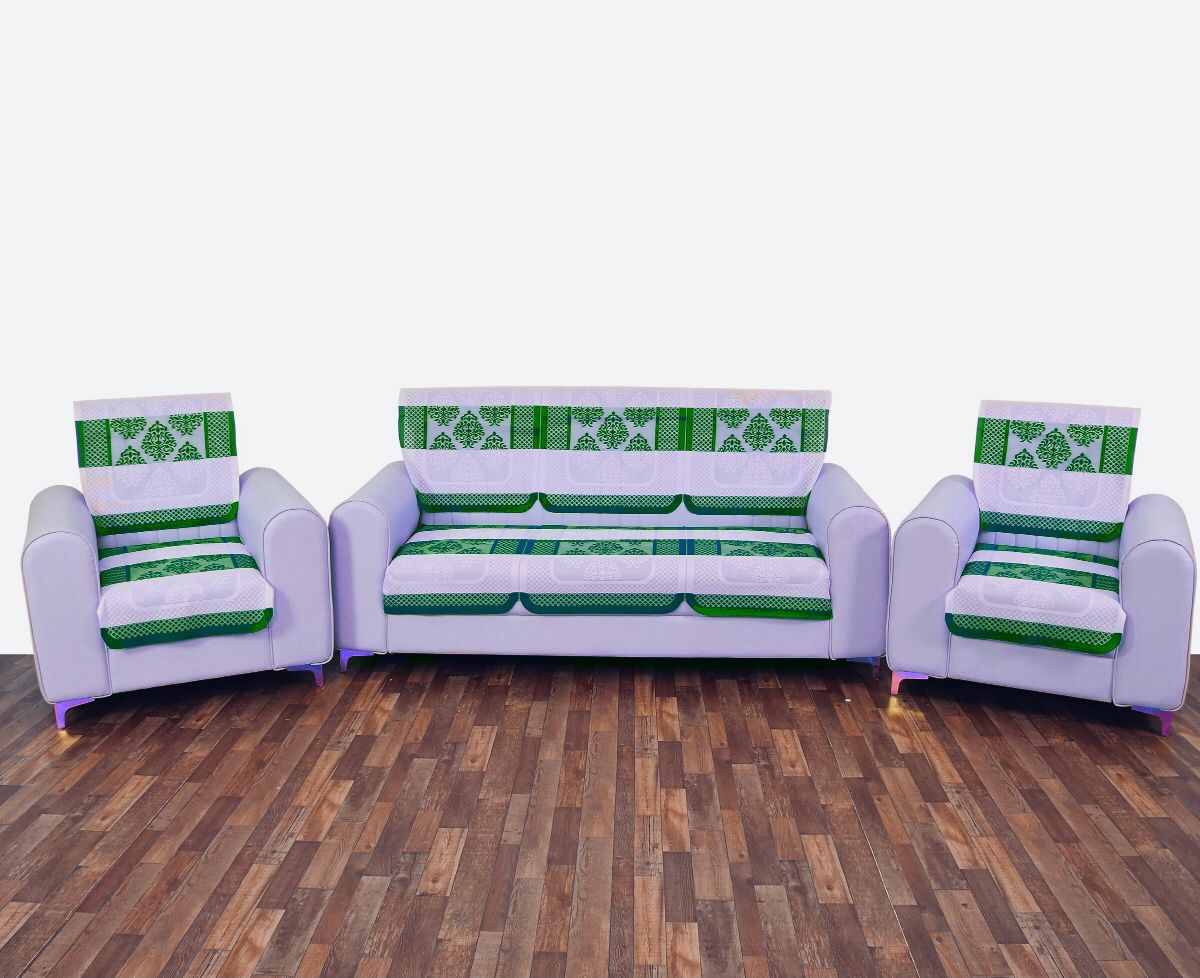 Bigger Fish Poly Cotton Net Fabric 5 Seater Sofa Cover - 10 Pieces (Green)