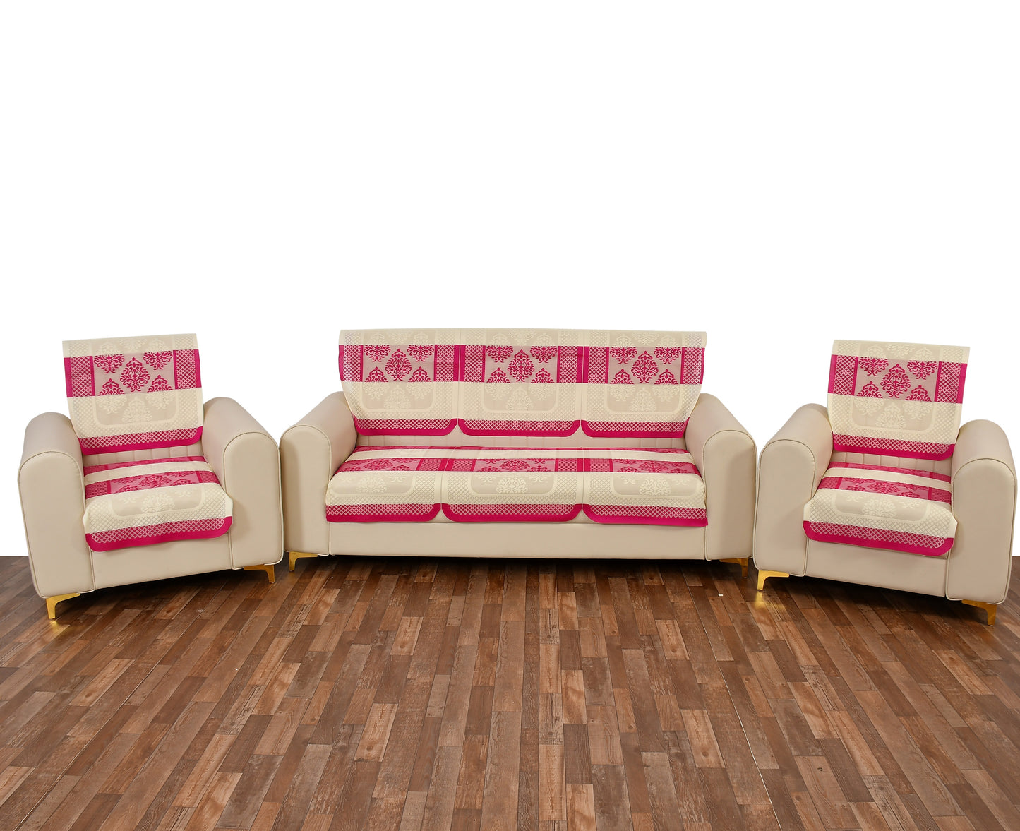 Bigger Fish Poly Cotton Net Fabric 5 Seater Sofa Cover - 10 Pieces (Pink)