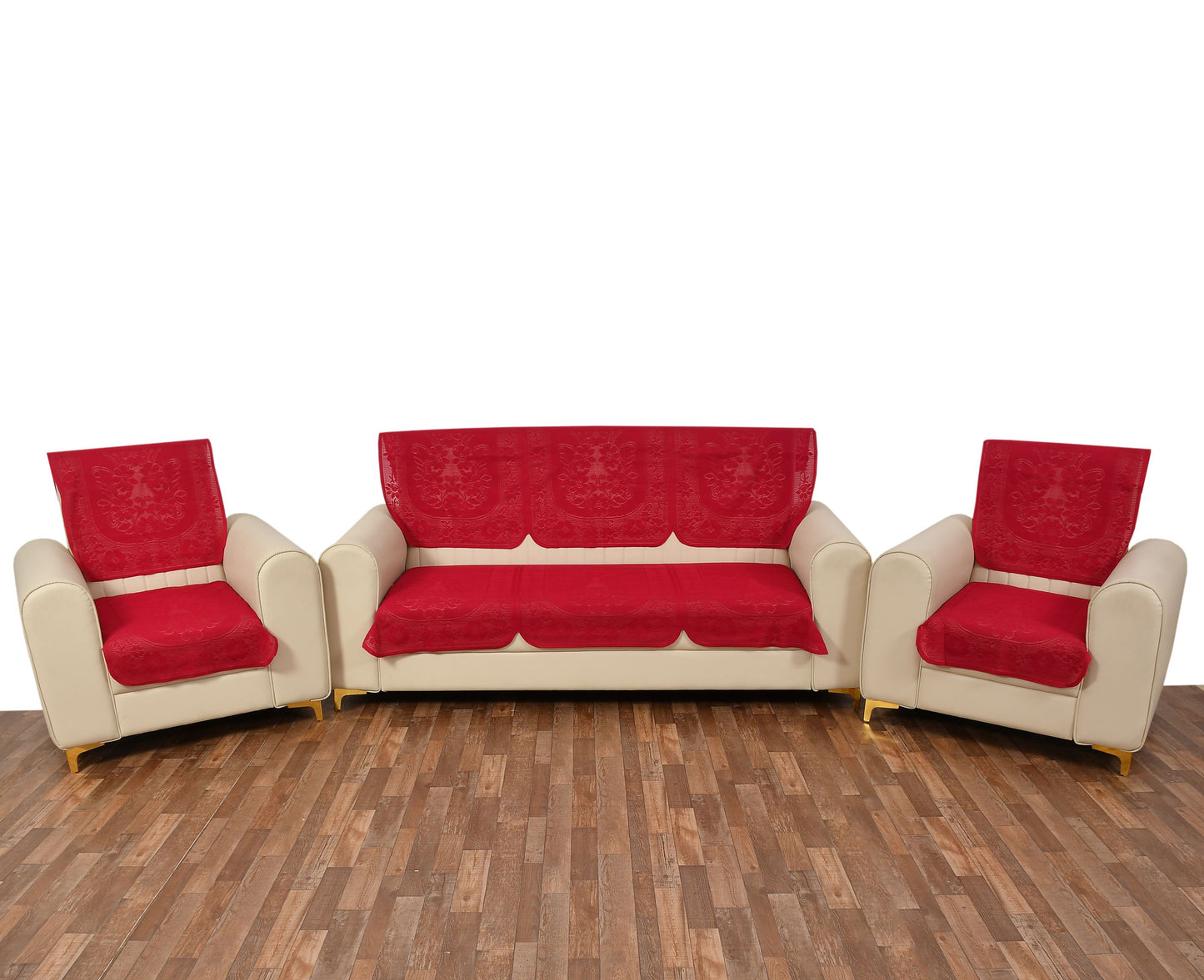 Bigger Fish Poly Cotton Net Fabric 5 Seater Sofa Cover - 10 Pieces (Maroon)