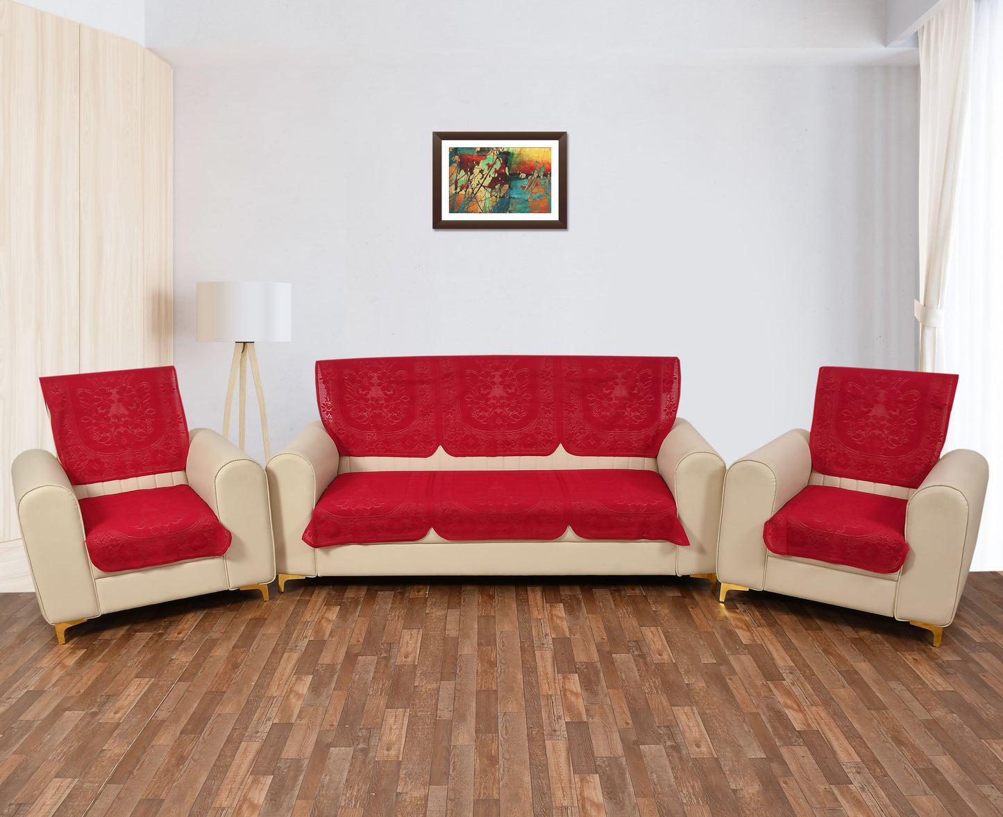 Bigger Fish Poly Cotton Net Fabric 5 Seater Sofa Cover - 10 Pieces (Maroon)