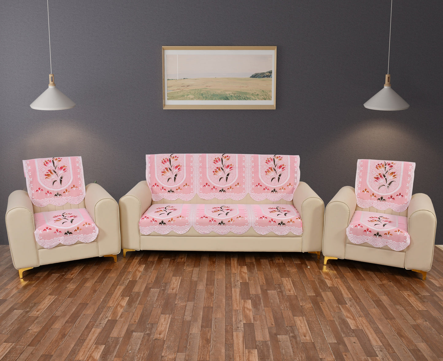 Bigger Fish Poly Cotton Net Fabric 5 Seater Sofa Cover - 10 Pieces (Pink)