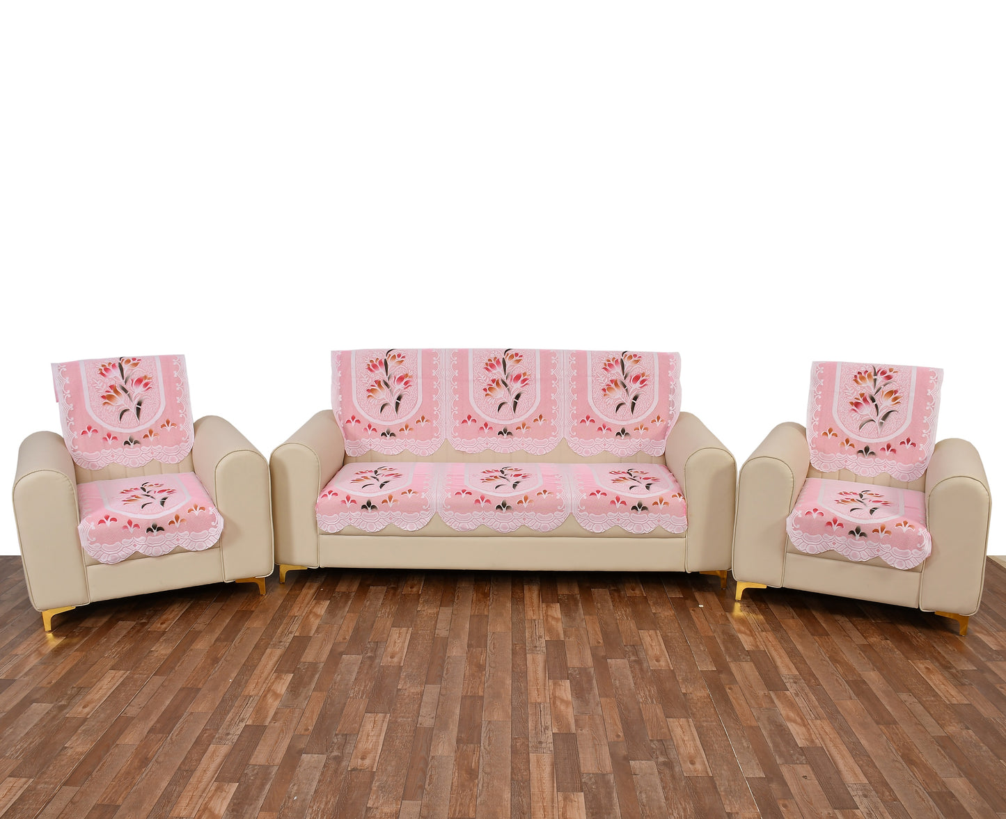 Bigger Fish Poly Cotton Net Fabric 5 Seater Sofa Cover - 10 Pieces (Pink)