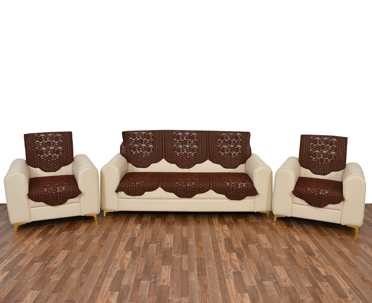 Bigger Fish Poly Cotton Net Fabric 5 Seater Sofa Cover - 10 Pieces (Brown)