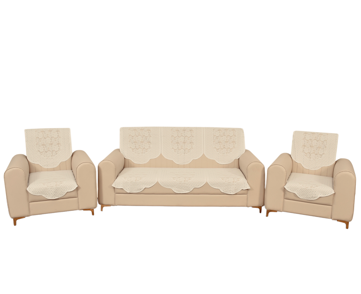 Bigger Fish Poly Cotton Net Fabric 5 Seater Sofa Cover - 10 Pieces (Cream)