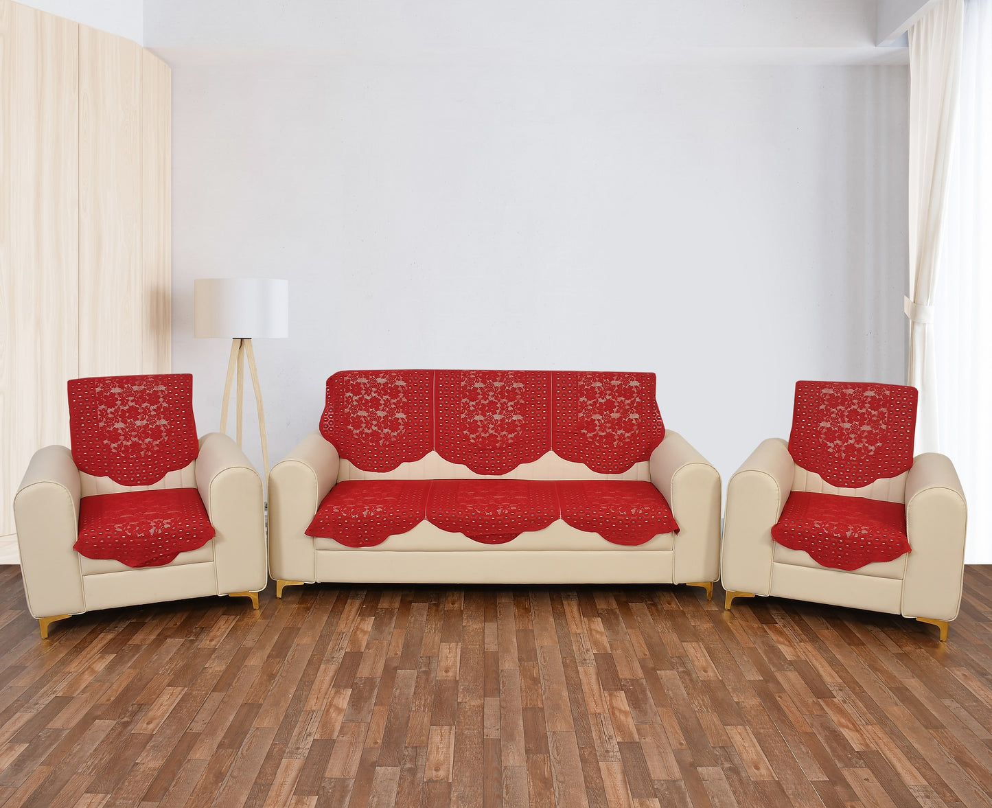 Bigger Fish Poly Cotton Net Fabric 5 Seater Sofa Cover - 10 Pieces (Maroon)