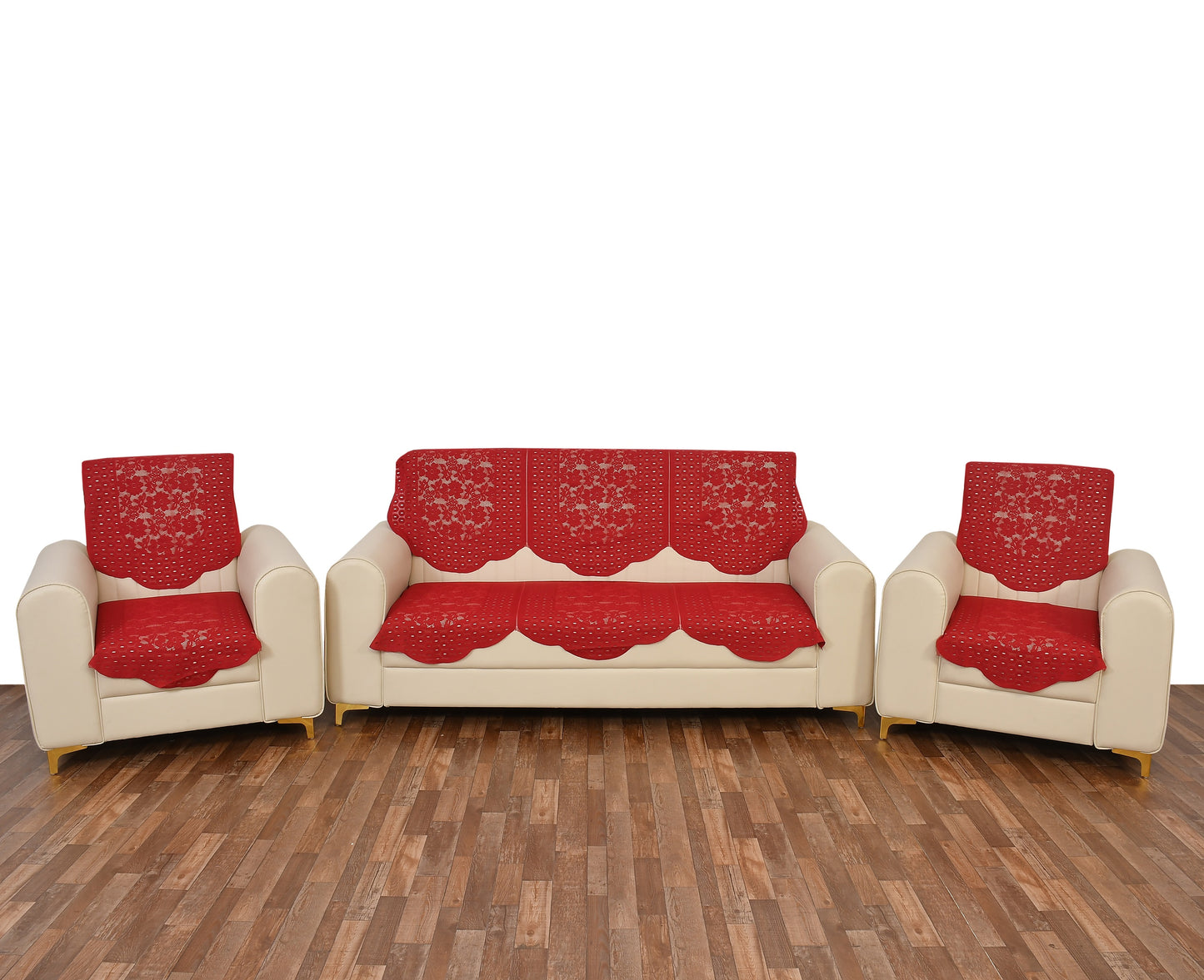 Bigger Fish Poly Cotton Net Fabric 5 Seater Sofa Cover - 10 Pieces (Maroon)