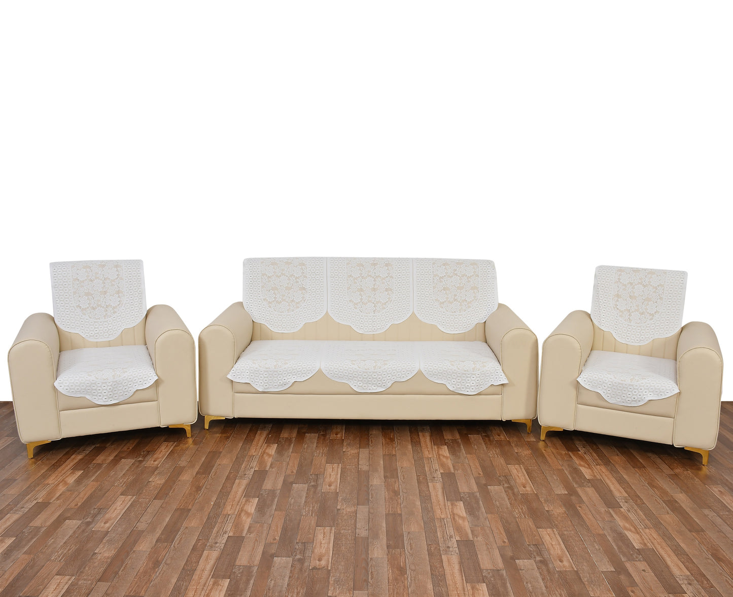Bigger Fish Poly Cotton Net Fabric 5 Seater Sofa Cover - 10 Pieces (White)