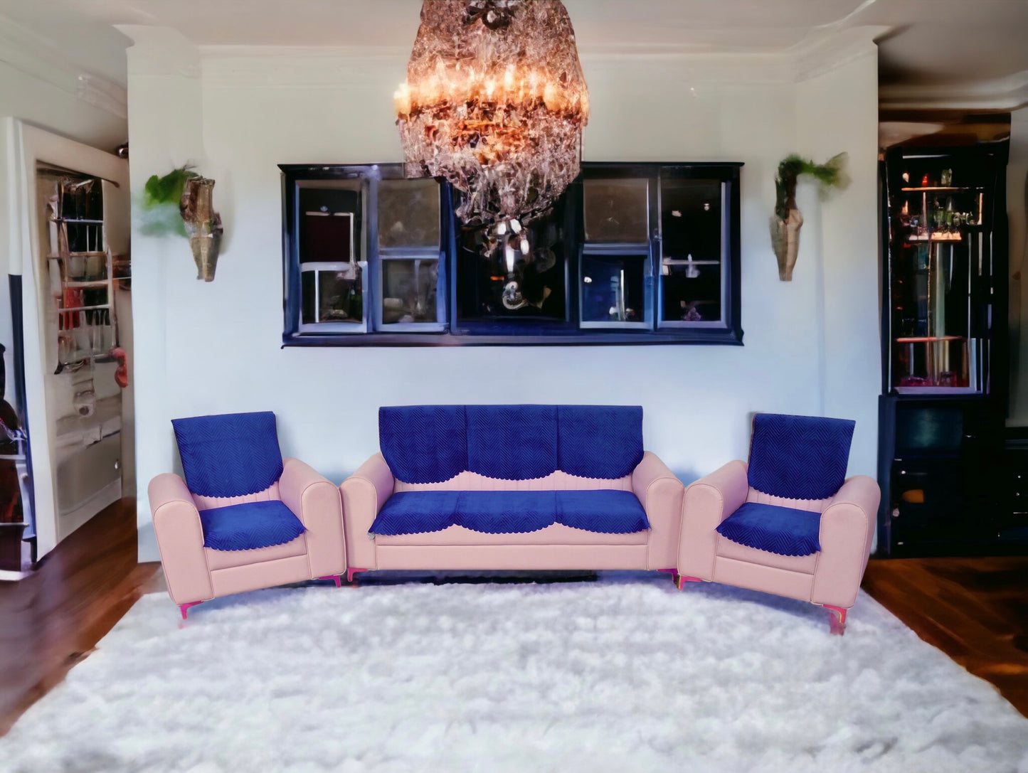 Bigger Fish Velvet Quilted 5 Seater Sofa Cover - 10 Pieces (Blue)