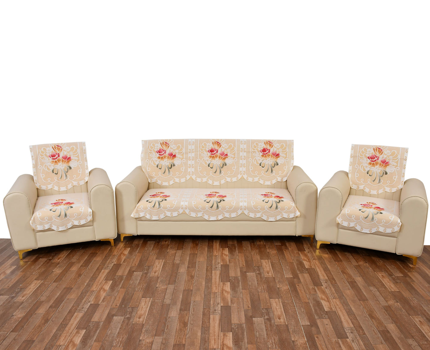 Bigger Fish Poly Cotton Net Fabric 5 Seater Sofa Cover - 10 Pieces (Cream)