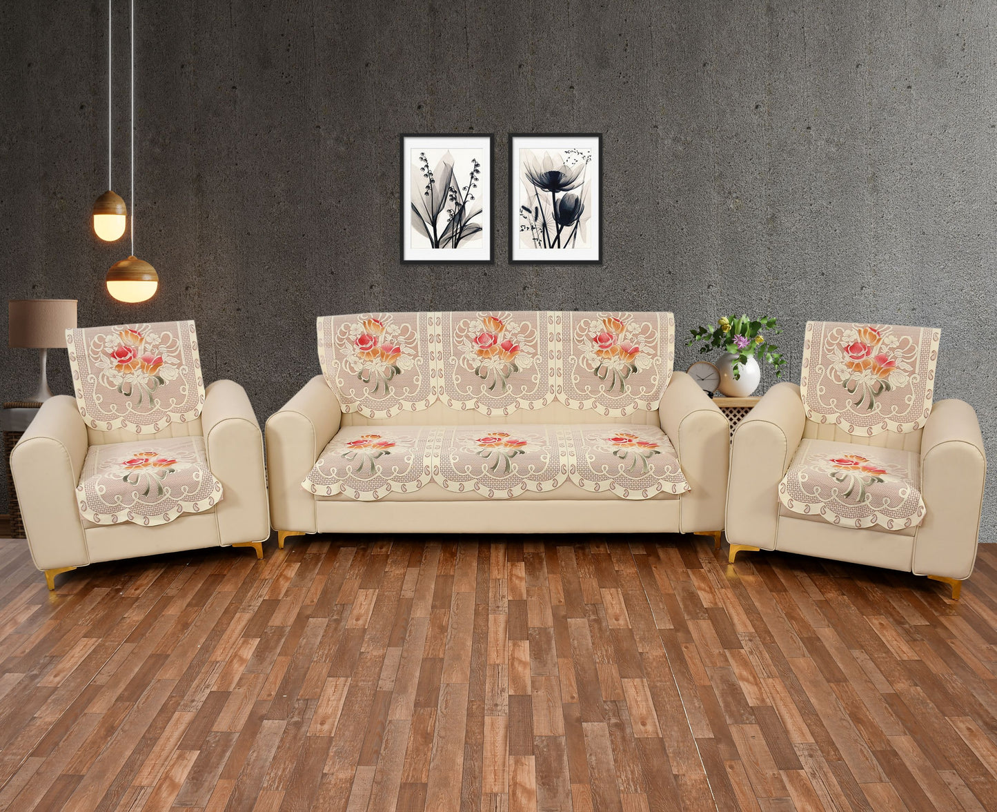 Bigger Fish Poly Cotton Net Fabric 5 Seater Sofa Cover - 10 Pieces (Rust)
