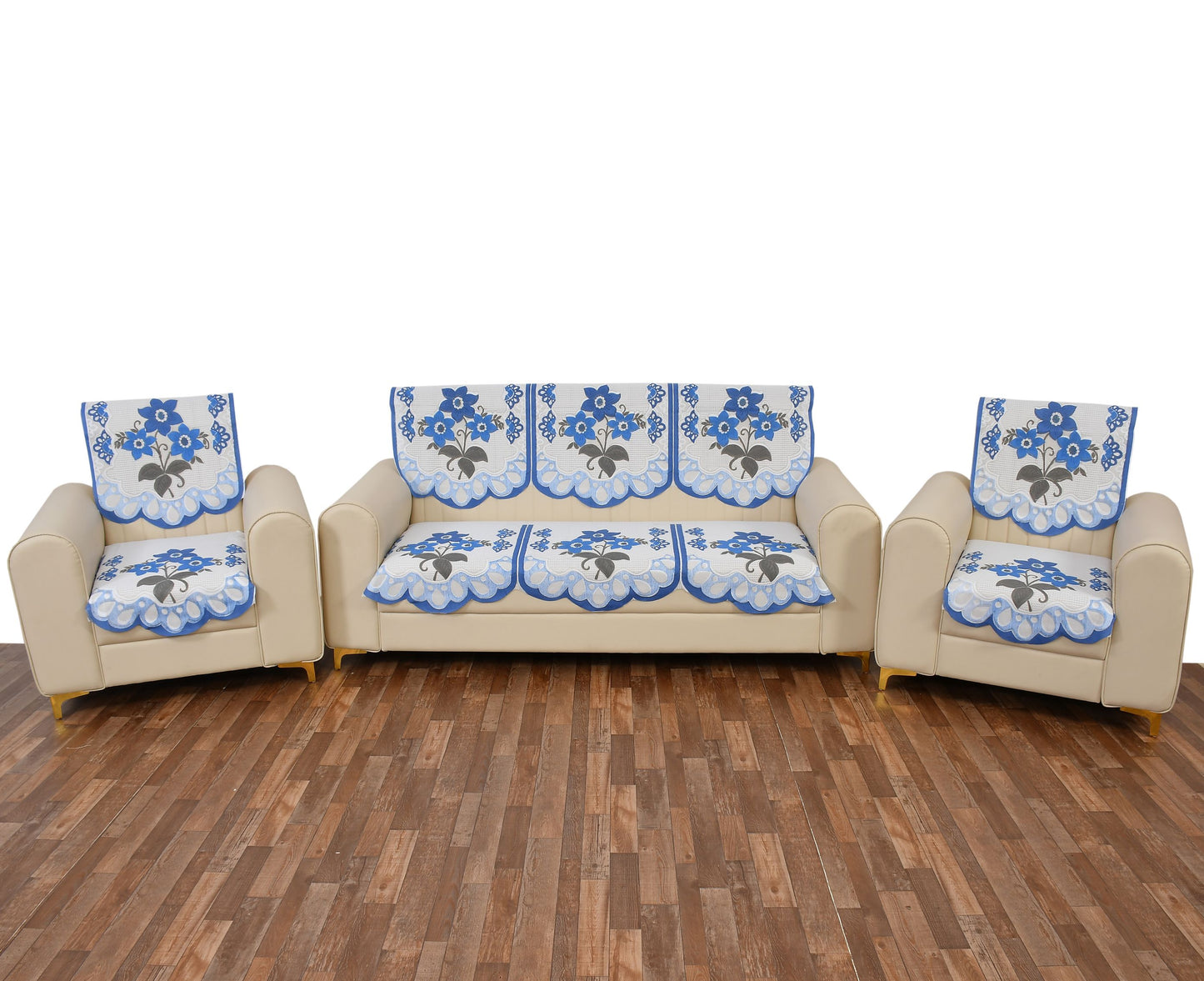 Bigger Fish Poly Cotton Net Fabric 5 Seater Sofa Cover - 10 Pieces (Blue)