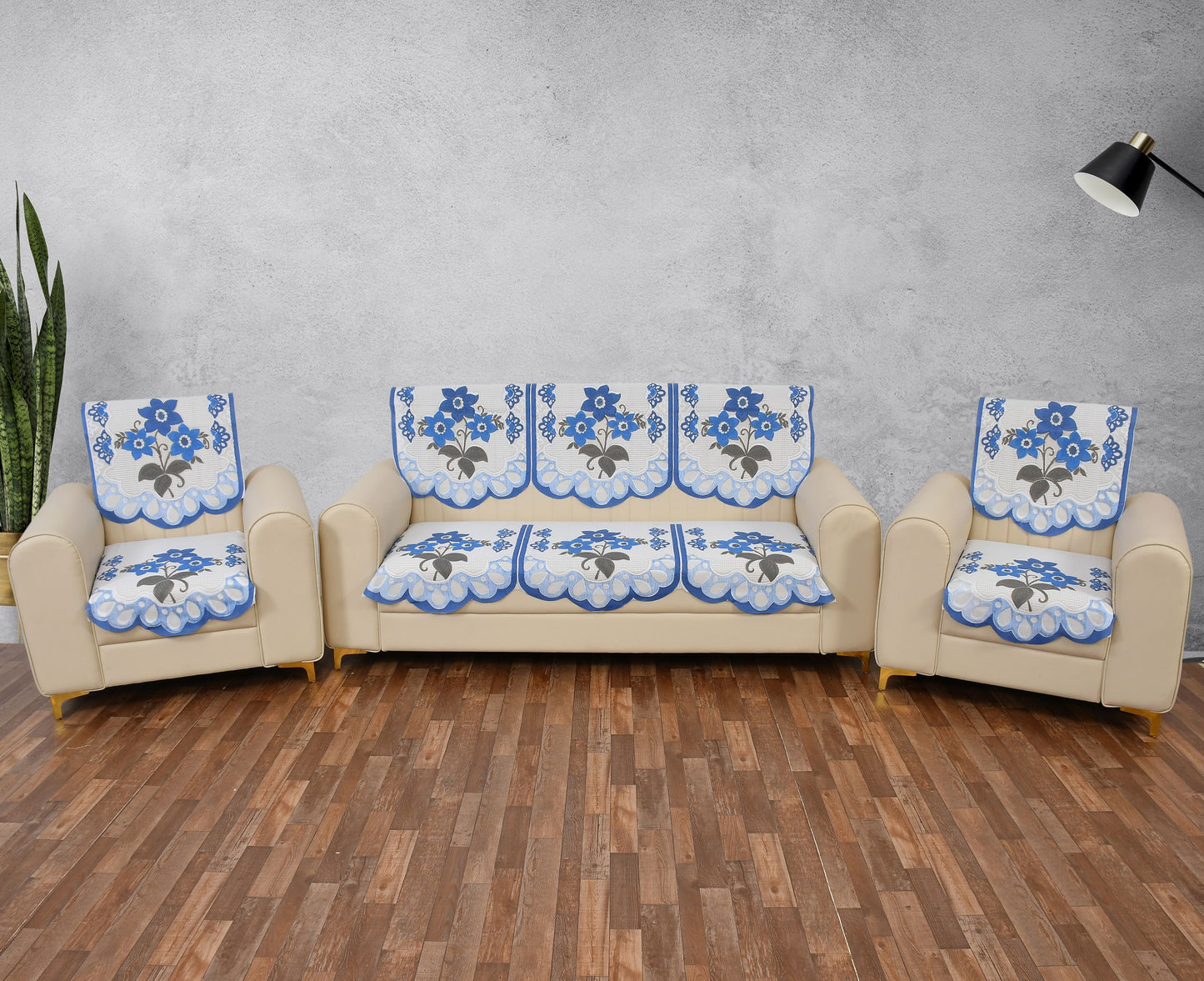 Bigger Fish Poly Cotton Net Fabric 5 Seater Sofa Cover - 10 Pieces (Blue)