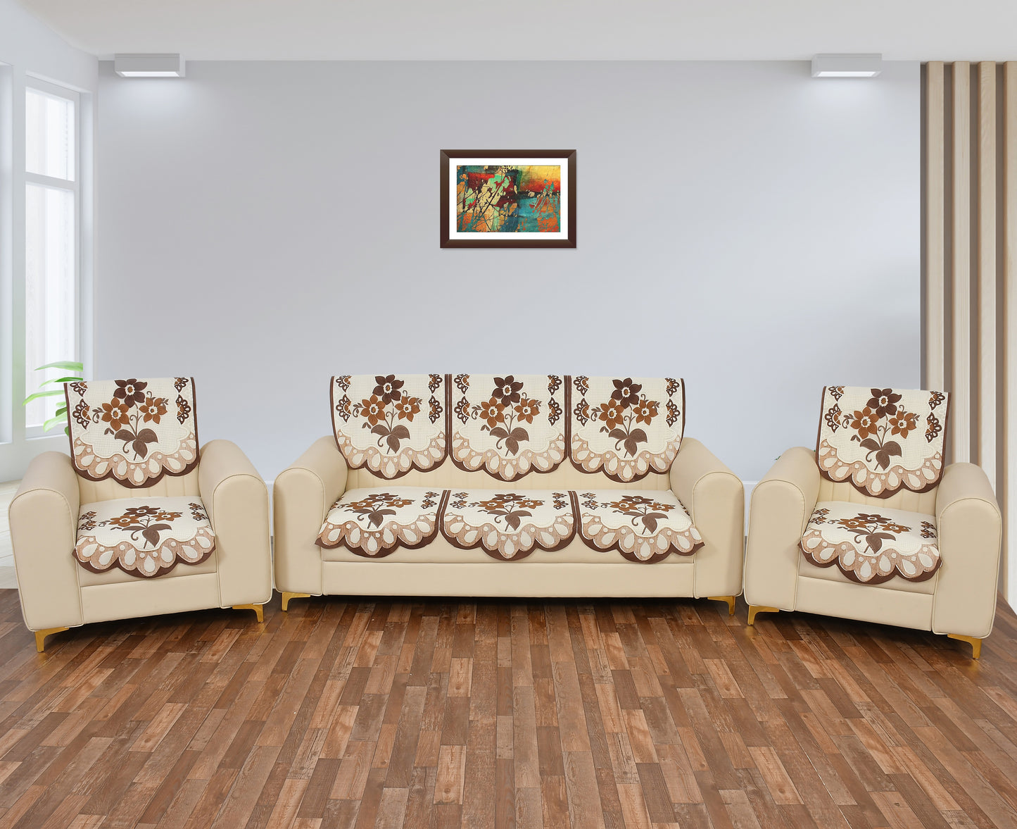 Bigger Fish Poly Cotton Net Fabric 5 Seater Sofa Cover - 10 Pieces (Brown)