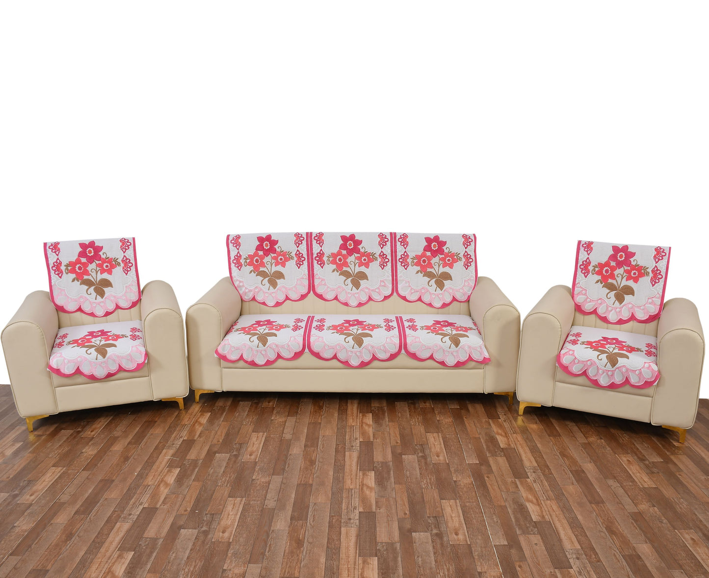 Bigger Fish Poly Cotton Net Fabric 5 Seater Sofa Cover - 10 Pieces (Pink)