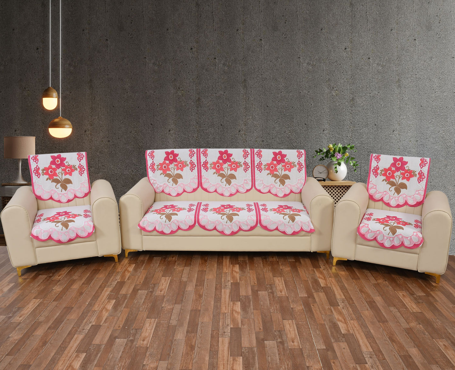 Bigger Fish Poly Cotton Net Fabric 5 Seater Sofa Cover - 10 Pieces (Pink)