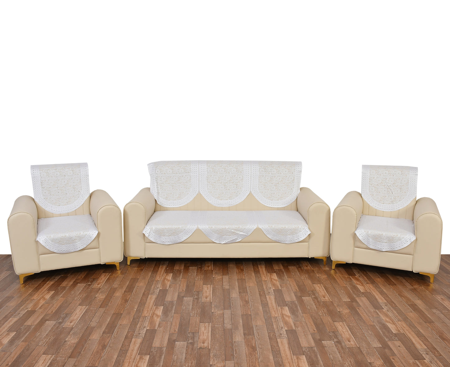 Bigger Fish Poly Cotton Net Fabric 5 Seater Sofa Cover - 10 Pieces (Cream)