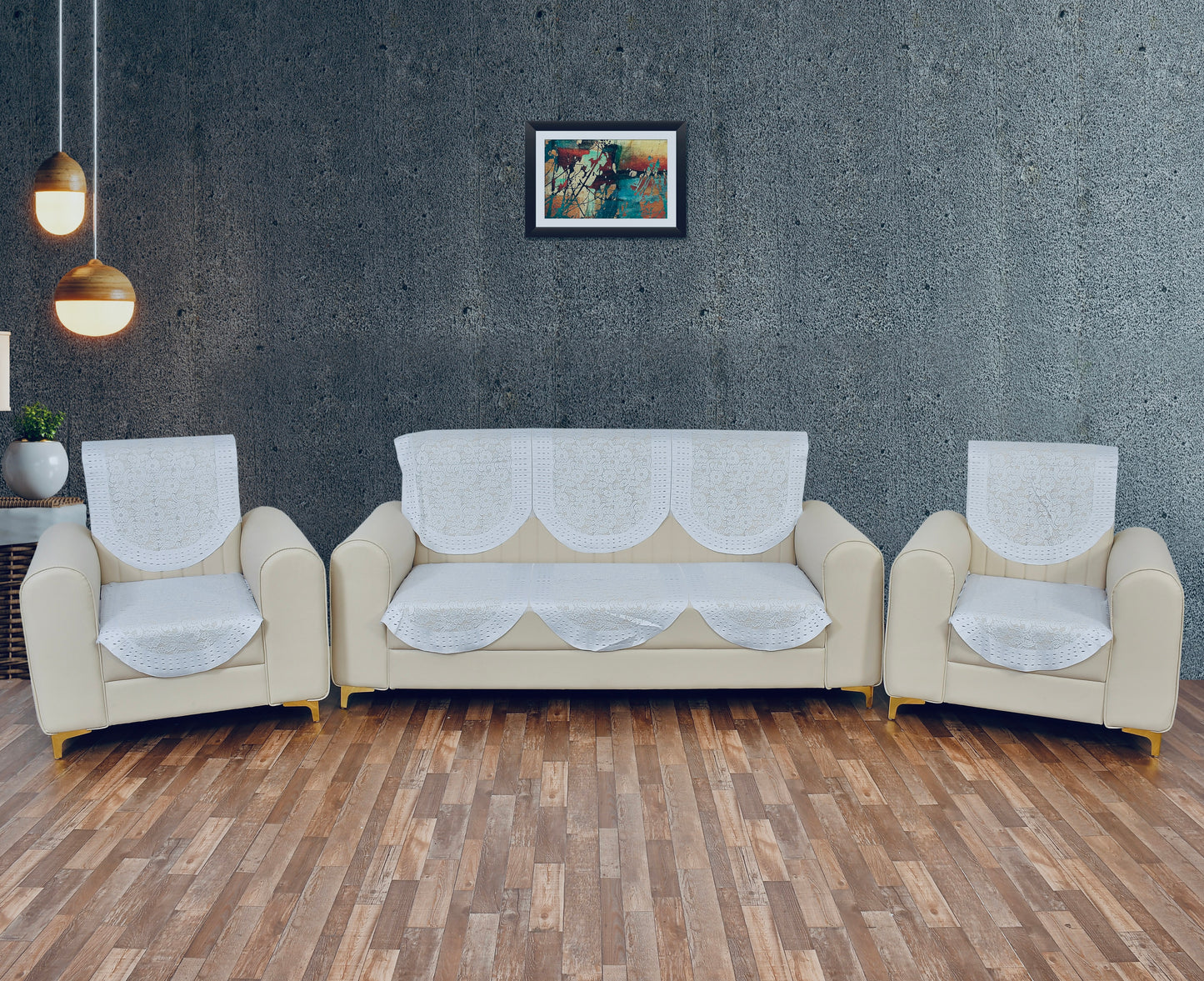 Bigger Fish Poly Cotton Net Fabric 5 Seater Sofa Cover - 10 Pieces (White)