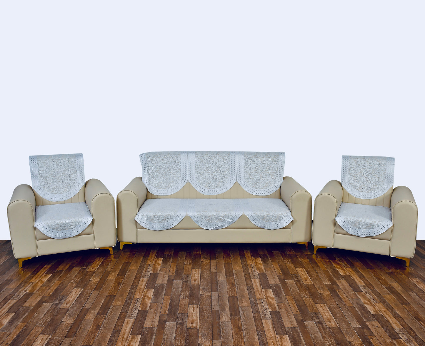 Bigger Fish Poly Cotton Net Fabric 5 Seater Sofa Cover - 10 Pieces (White)