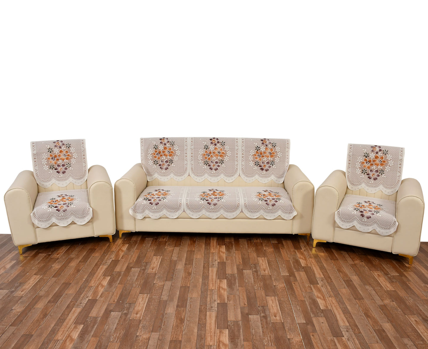 Bigger Fish Poly Cotton Net Fabric 5 Seater Sofa Cover - 10 Pieces (Brown)
