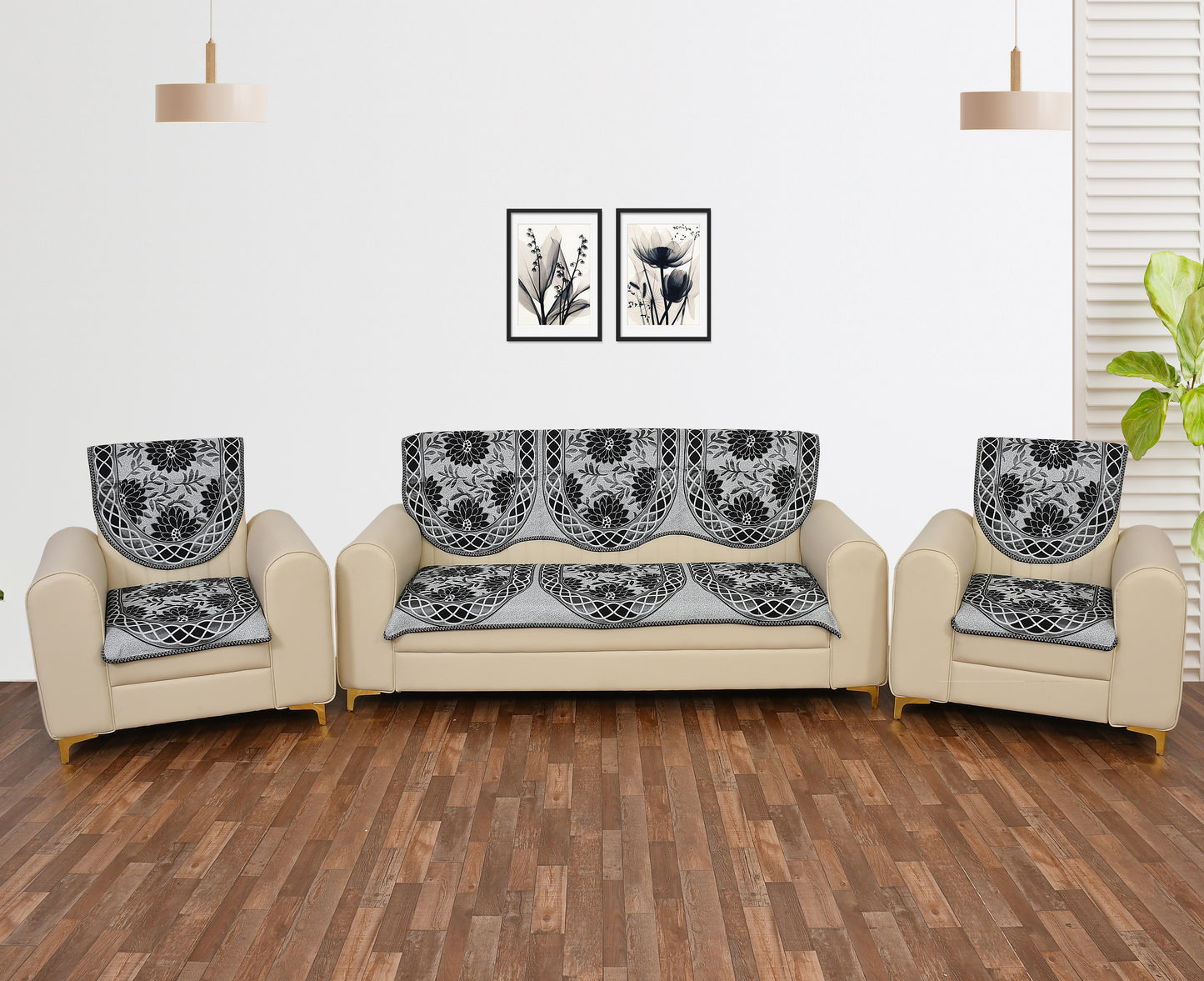 Bigger Fish Poly Cotton Net Fabric 5 Seater Sofa Cover - 10 Pieces (Black)