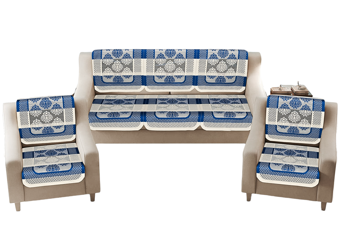 Bigger Fish Poly Cotton Net Fabric 5 Seater Sofa Cover - 10 Pieces (Blue)