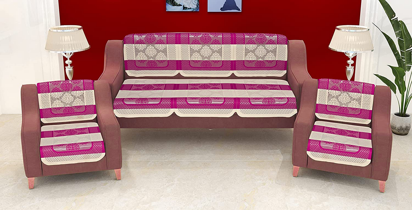 Bigger Fish Poly Cotton Net Fabric 5 Seater Sofa Cover - 10 Pieces (Pink)