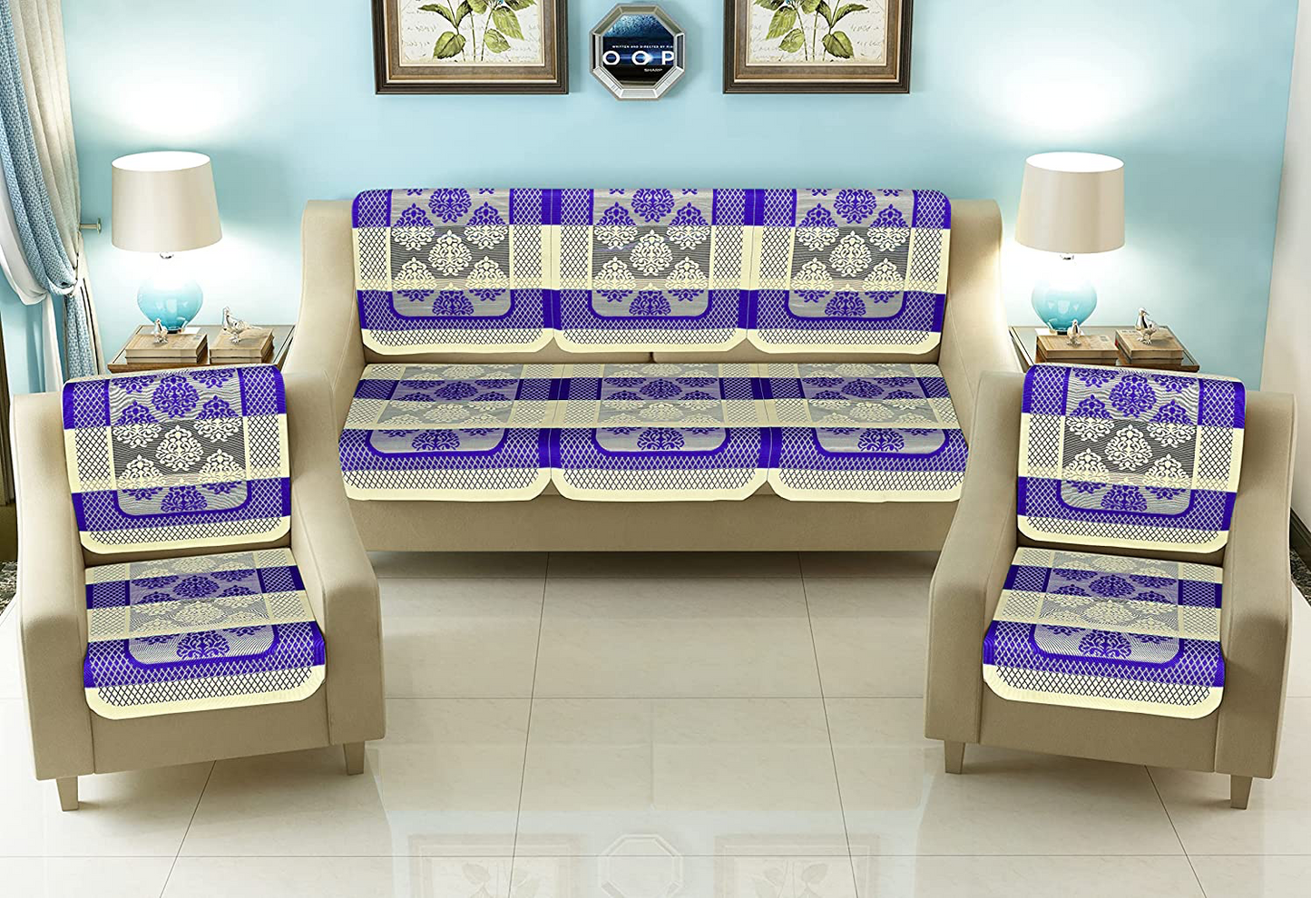 Bigger Fish Poly Cotton Net Fabric 5 Seater Sofa Cover - 10 Pieces (Purple)