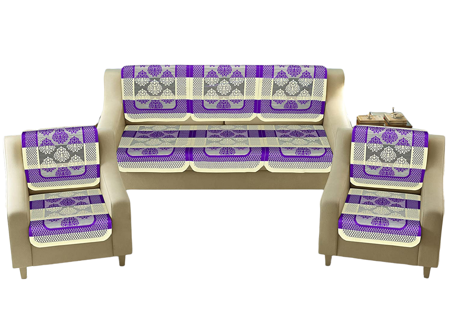 Bigger Fish Poly Cotton Net Fabric 5 Seater Sofa Cover - 10 Pieces (Purple)
