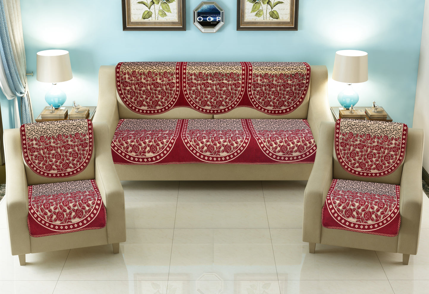 Bigger Fish Poly Cotton Fabric 5 Seater Sofa Cover - 10 Pieces (Maroon)