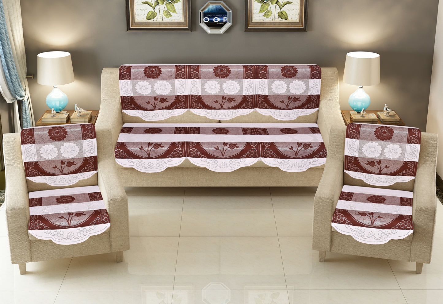 Bigger Fish Poly Cotton Net Fabric 5 Seater Sofa Cover - 10 Pieces (Brown)
