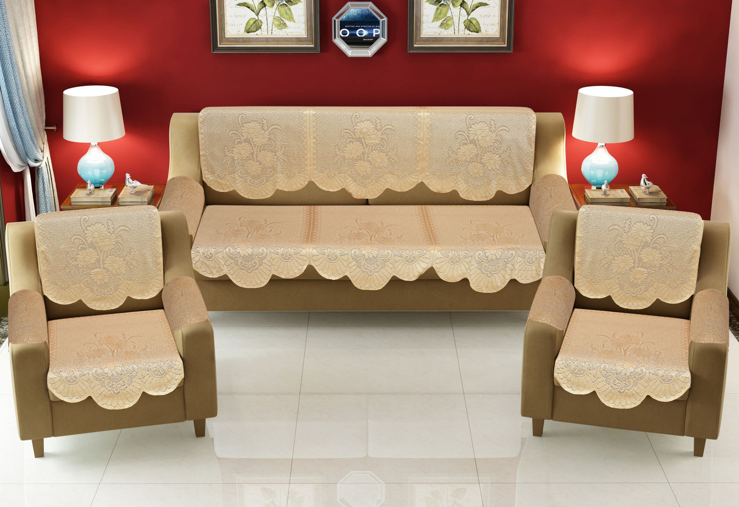 Bigger Fish Poly Cotton Net Fabric Floral Design 5 Seater Sofa Cover with 6 Pcs Arms Cover - 16 Pieces (Fown)
