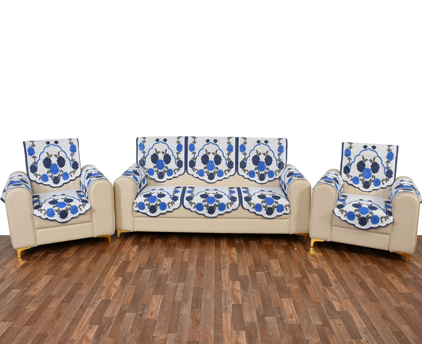 Bigger Fish Poly Cotton Net Fabric Floral Design 5 Seater Sofa Cover with 6 Pcs Arms Cover - 16 Pieces (Blue)
