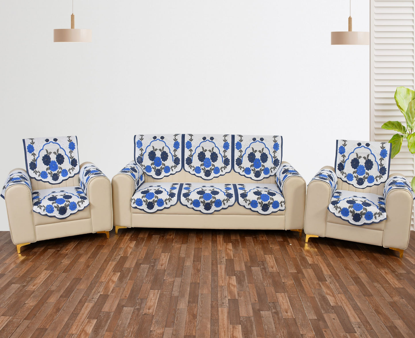 Bigger Fish Poly Cotton Net Fabric Floral Design 5 Seater Sofa Cover with 6 Pcs Arms Cover - 16 Pieces (Blue)