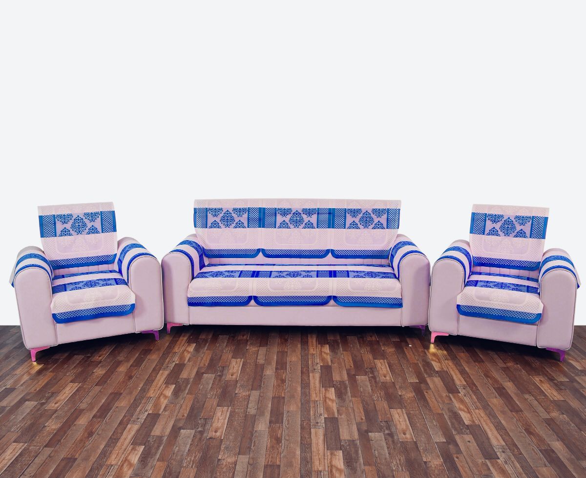 Bigger Fish Poly Cotton Net Fabric Floral Design 5 Seater Sofa Cover with 6 Pcs Arms Cover - 16 Pieces (Blue)