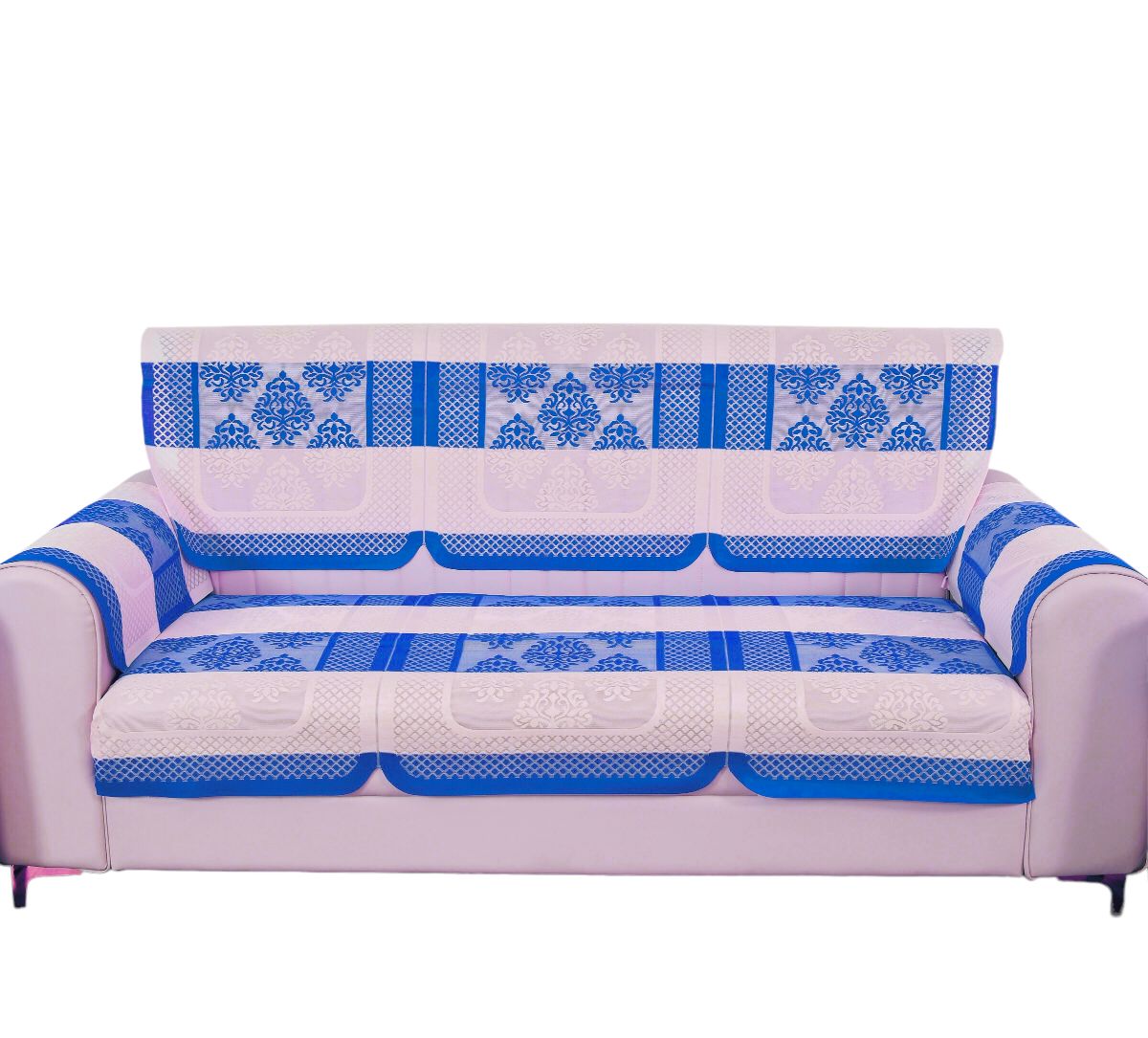 Bigger Fish Poly Cotton Net Fabric Floral Design 5 Seater Sofa Cover with 6 Pcs Arms Cover - 16 Pieces (Blue)
