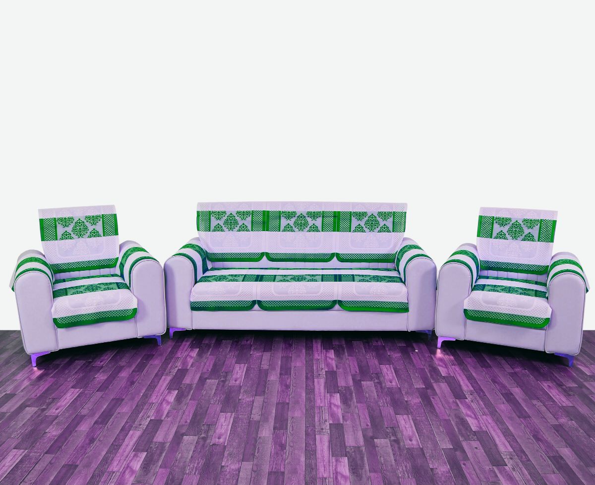Bigger Fish Poly Cotton Net Fabric Floral Design 5 Seater Sofa Cover with 6 Pcs Arms Cover - 16 Pieces (Green)