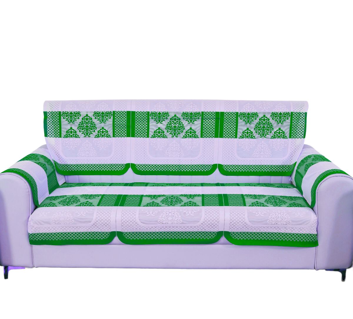 Bigger Fish Poly Cotton Net Fabric Floral Design 5 Seater Sofa Cover with 6 Pcs Arms Cover - 16 Pieces (Green)