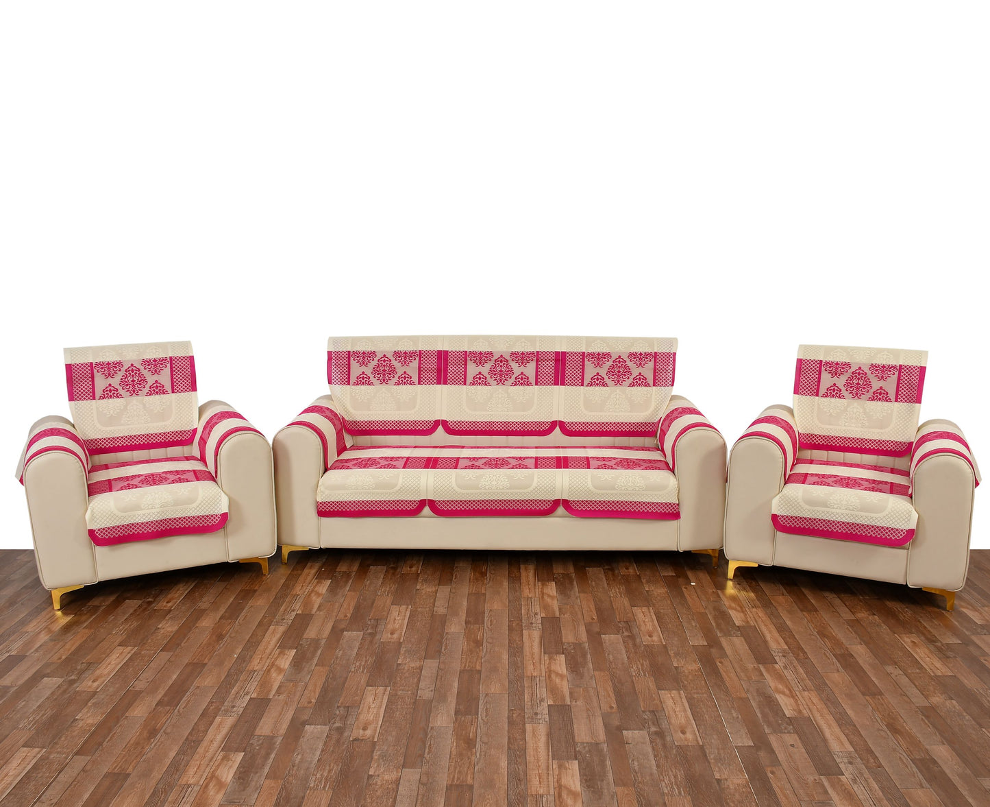 Bigger Fish Poly Cotton Net Fabric Floral Design 5 Seater Sofa Cover with 6 Pcs Arms Cover - 16 Pieces (Pink)