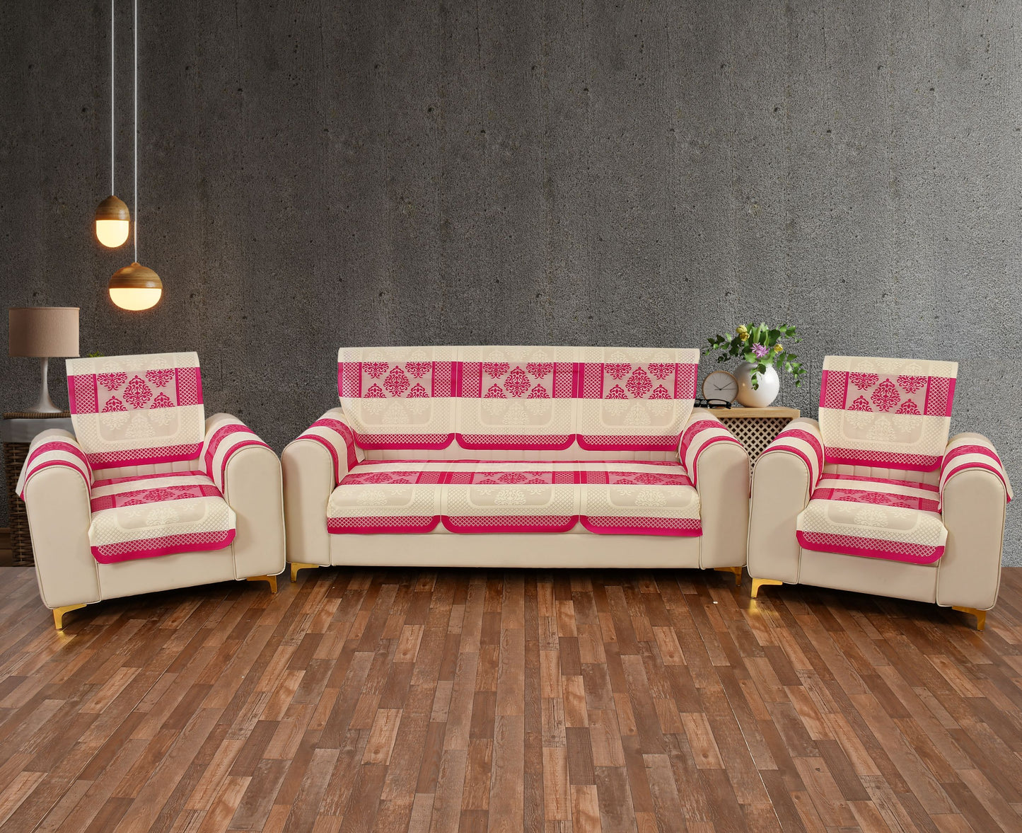 Bigger Fish Poly Cotton Net Fabric Floral Design 5 Seater Sofa Cover with 6 Pcs Arms Cover - 16 Pieces (Pink)