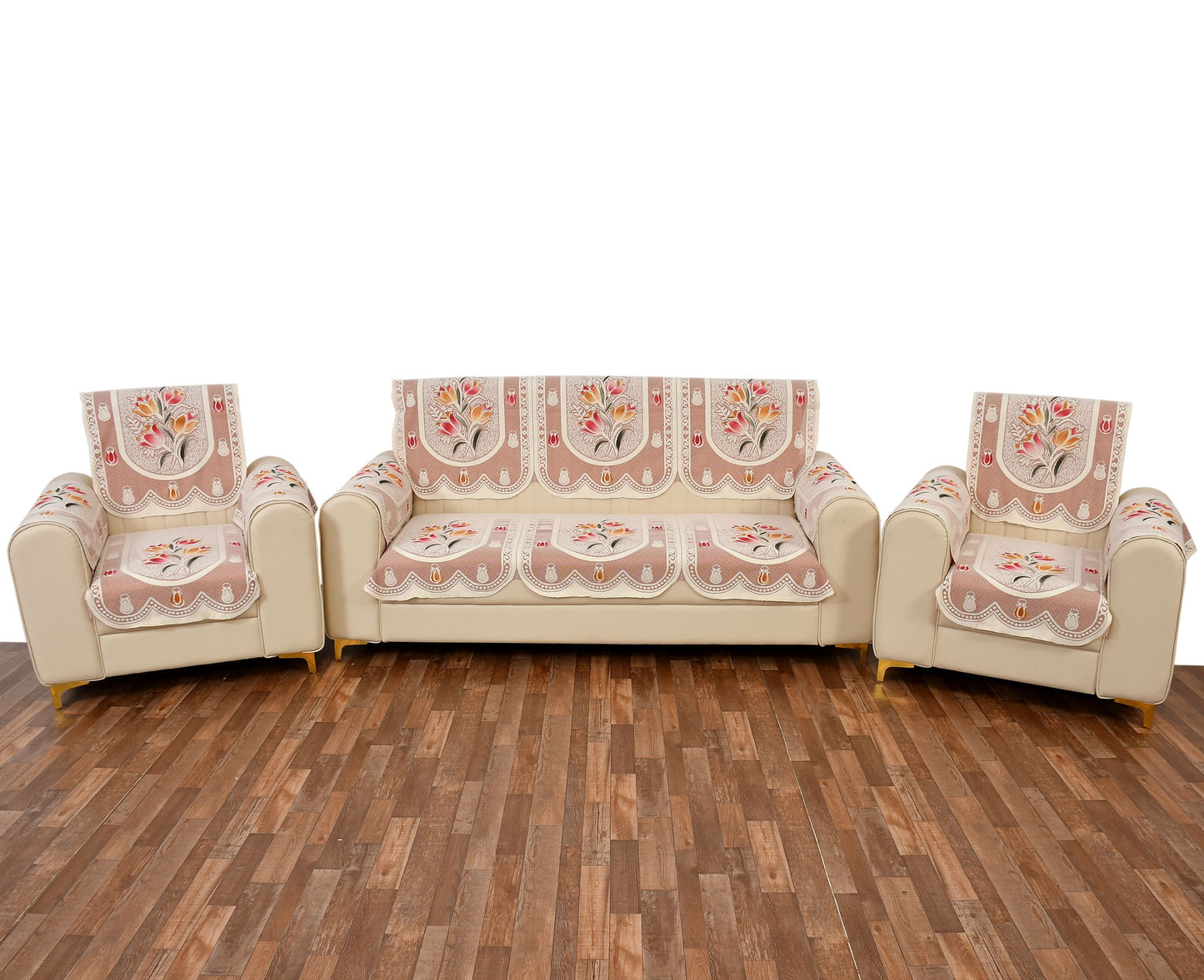 Bigger Fish Poly Cotton Net Fabric Floral Design 5 Seater Sofa Cover with 6 Pcs Arms Cover - 16 Pieces (Rust)